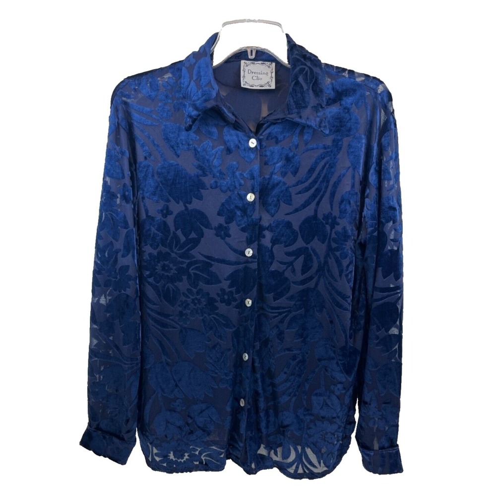 Dressing Clio Women's Top Size S Navy Blue Velvet Burnout VTG NWT Button Up 21"